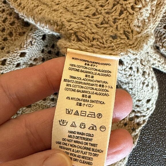 Free People Home Run Tan Crochet Knit Sweater with Yellow Trim size Small - Picture 7 of 11